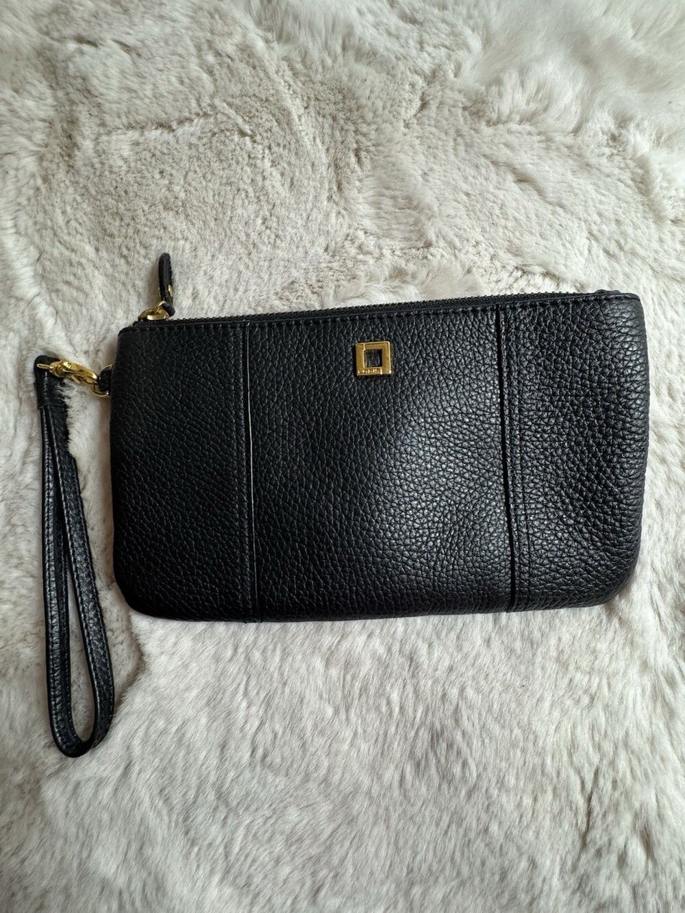 LODIS Pebbled Leather Zip Wristlet Pouch Card Slots Gold Hardware Mini Black